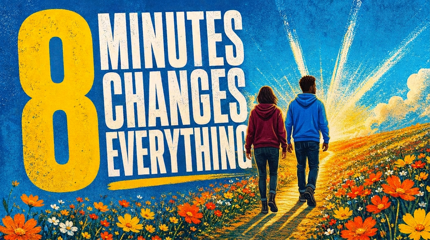 8 minutes changes everything — a person walking a golden path through wildflowers at sunrise